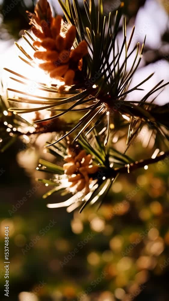 Poster illuminated pine branch with needles and new cone in blurred background capturing the light with bok