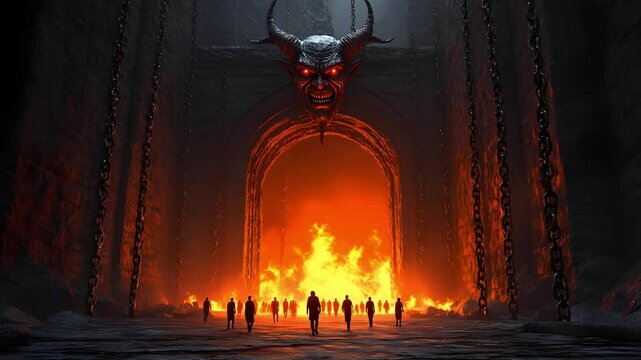 silhouettes of people, souls walking towards stone gates to hell, above the gates an ominous devil's head with horns snapping his teeth, evil eyes glowing red, behind the gates a burning fire
