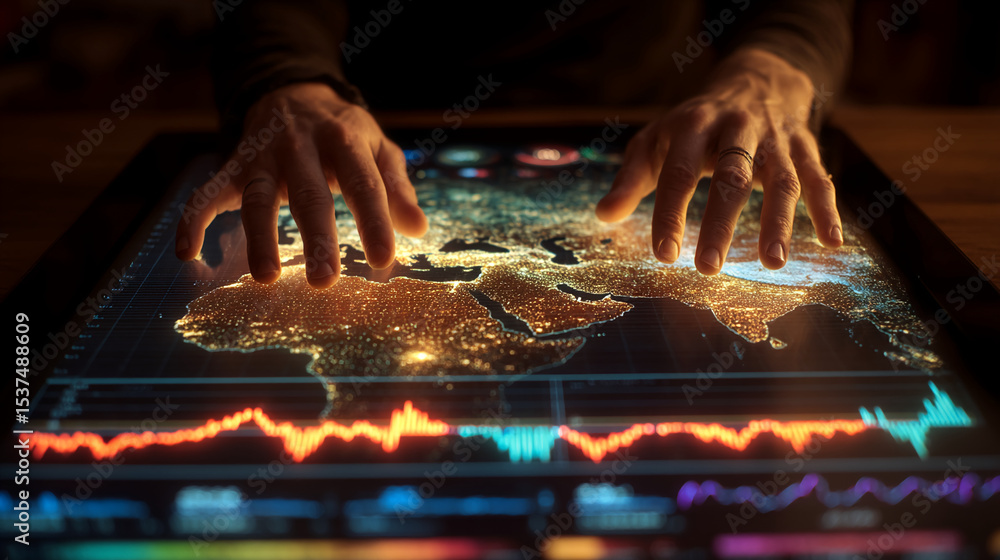 Poster hands interacting with illuminated digital world map on a large touchscreen, showcasing global data 