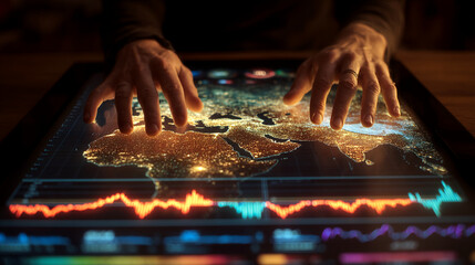 Hands interacting with illuminated digital world map on a large touchscreen, showcasing global data visualization and connection