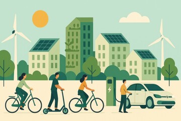 People enjoying sustainable urban mobility and renewable energy