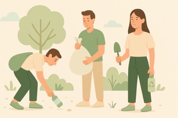 Volunteers collecting trash and planting trees in park