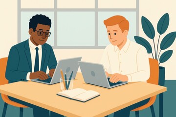 Two businessmen working on laptops in modern office
