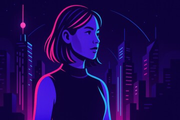 Young woman observing futuristic neon cityscape at night