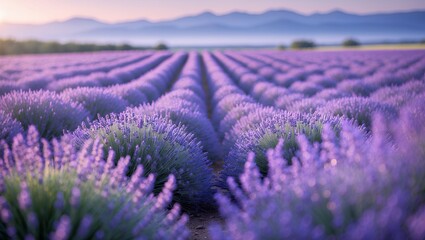 Obraz premium Lavender Field at Sunset Blooming with Purple Flowers in Rows