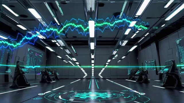 Spaceship corridor with data analysis and scientists working - Powered by Adobe