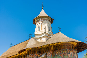 Amazing colorful painted monastery of Moldovita, Bucovina,  Romania