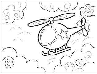 Helicopter Flying in the Sky with Clouds Coloring Page Illustration