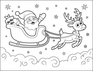 Cartoon Santa Claus in Sleigh with Reindeer Coloring Page Illustration