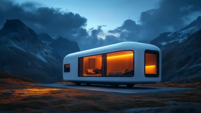 Futuristic Tiny Home in Mountain Landscape: A sleek, modern tiny home, illuminated from within, sits nestled in a dramatic mountain landscape at dusk.