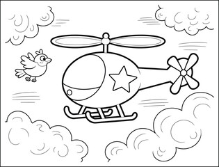 Helicopter and Bird Flying in the Sky Coloring Page for Kids