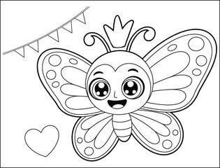 Cute Butterfly with Crown Coloring Page for Kids and Adults