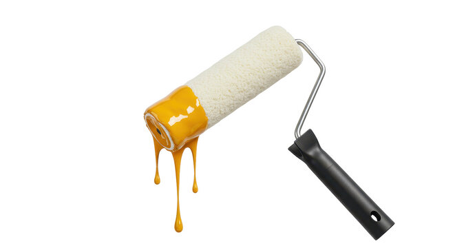 Isolated Paint Roller with Dripping Yellow Paint