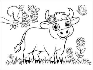 Cute Cartoon Cow Coloring Page with Squirrel Butterfly and Flowers