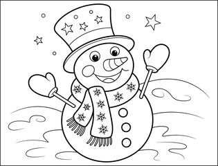 Cheerful Snowman Wearing a Hat and Scarf Coloring Page for Kids