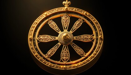 Ornate golden wheel with intricate detailing on dark background