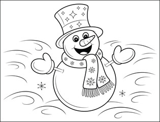 Cheerful Snowman Coloring Page with Hat and Scarf for Winter Fun