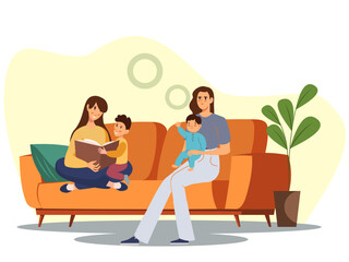 Mother holding baby and talking to toddler at home. Family life with young children, flat cartoon illustration.