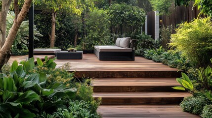 Elevated wooden deck and stairs in lush green garden setting with modern outdoor furniture