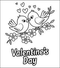 Valentine s Day Coloring Page with Birds and Hearts on a Branch