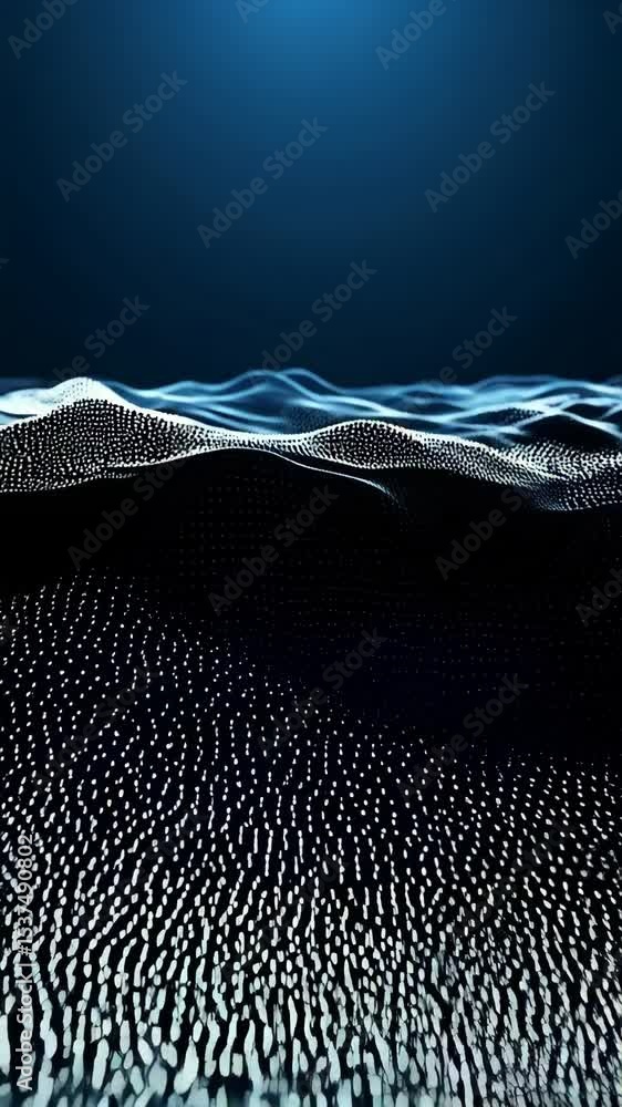 Aufkleber wavy pattern of digital nodes with dynamic lighting effects against a dark blue background for creat