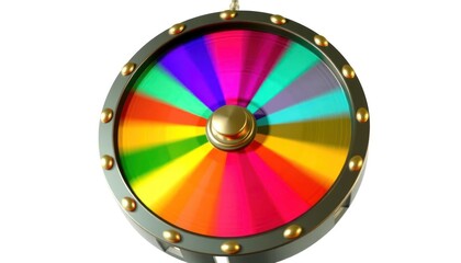 Vibrant wheel of fortune with rainbow segments on a white background