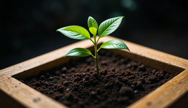 Fototapeta A vibrant young plant sprout emerges from rich dark soil in a rustic wooden planter box showcasing new life growth and environmental themes