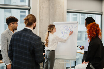 Businesswoman drawing pie chart on flip chart during presentation to colleagues