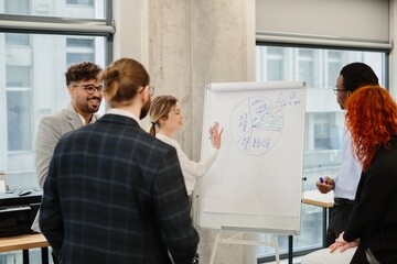 Businesswoman explaining pie chart during presentation to colleagues