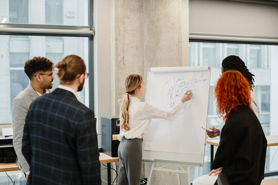 Businesswoman drawing pie chart on flip chart during presentation to colleagues