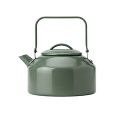 Green camping kettle with handle, isolated on transparent background