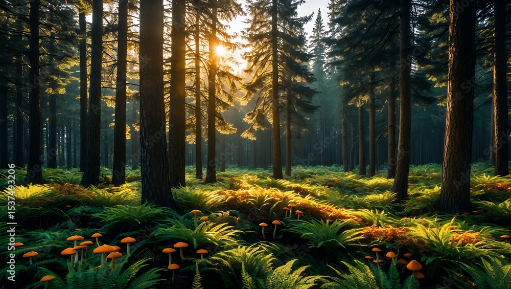 Aufkleber sunlight filtering through pine trees illuminating ferns and small mushrooms