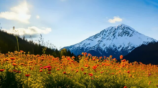 Scenic mountain and field of blooming orange flowers from sunrise to sunset timelapse video footage. Nature landscape changing light concept.