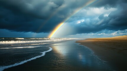 A vibrant rainbow arches over a dramatic seascape, its colors reflected in the wet sand as dark storm clouds recede, leaving a tranquil, sunlit beach