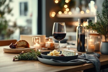 Glass of red wine with cheese and grapes on a festive table setting