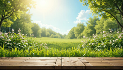 A beautiful spring landscape features a wooden fence and table amidst green grass and trees under a blue sky with clouds
