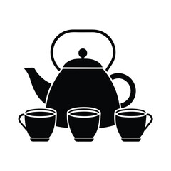 Teapot and Cups Black and White Icon