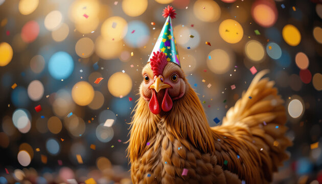 A striking red rooster and various chickens on a domestic farm - Powered by Adobe