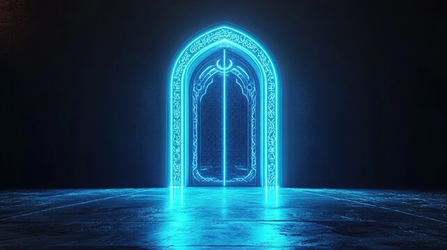 Ornate archway doorway glowing with cyan light, casting reflections on glossy stone - Powered by Adobe