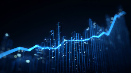 Abstract blue glowing cityscape with a dynamic line graph, symbolizing growth, progress, and technological advancement in urban development