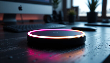 Obraz premium Sleek Wireless Charger with Ambient Pink and Orange Lighting on a Dark Desk Modern Technology Device Desktop Accessories