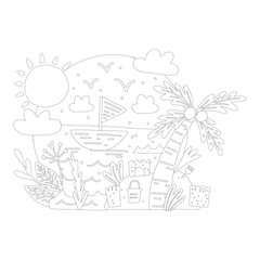 Obraz premium Summer Beach Coloring Page for Kids | Palm Tree, Boat & Sandcastle Line Art for Preschoolers
