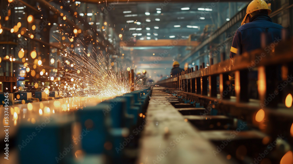 Poster sparks flying from a cnc machine on a factory floor with workers in safety gear in the background.