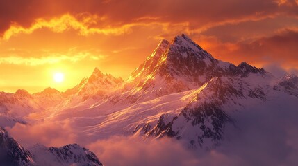 Fiery sunset bathes snow-capped peaks in warm, golden light; clouds swirl below, creating a dramatic, majestic alpine scene