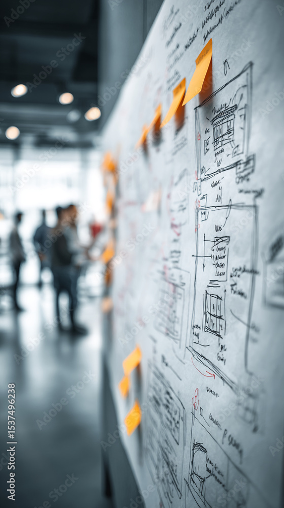 Poster close-up of whiteboard with hand-drawn website sketches and orange sticky notes, blurred background 