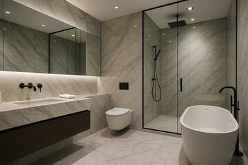 Luxury hi-tech bathroom with marble finishes and a glass shower cabin