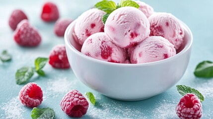 Fresh raspberry ice cream served in a white bowl with mint leaves on a pastel blue background and scattered raspberries