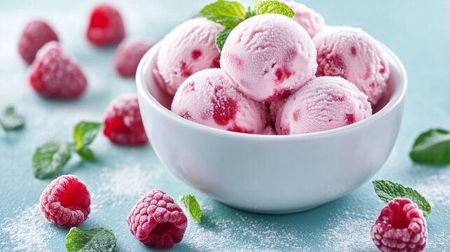 Fresh raspberry ice cream served in a white bowl with mint leaves on a pastel blue background and scattered raspberries