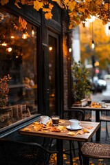 Fototapeta premium Cozy Cafe Terrace With Autumn Leaves and Coffee Cups During Evening Hours.