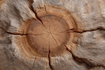 Naklejka premium Cut tree trunk revealing growth rings featuring deep cracks across its surface